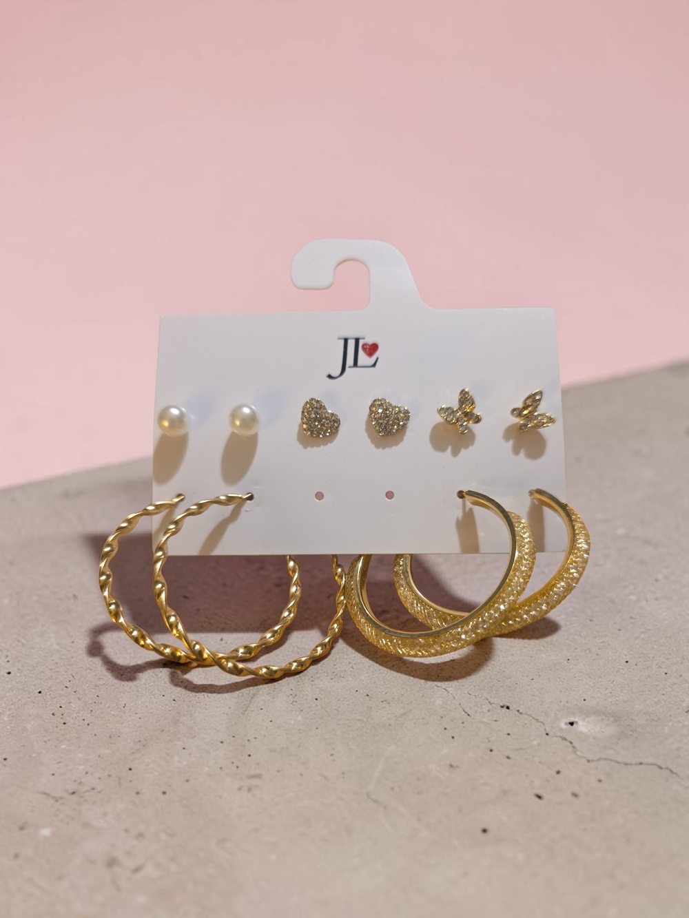 JL Gold-Tone 6-Pair Earring Set — Pearl, Heart, Butterfly & Hoop Styles